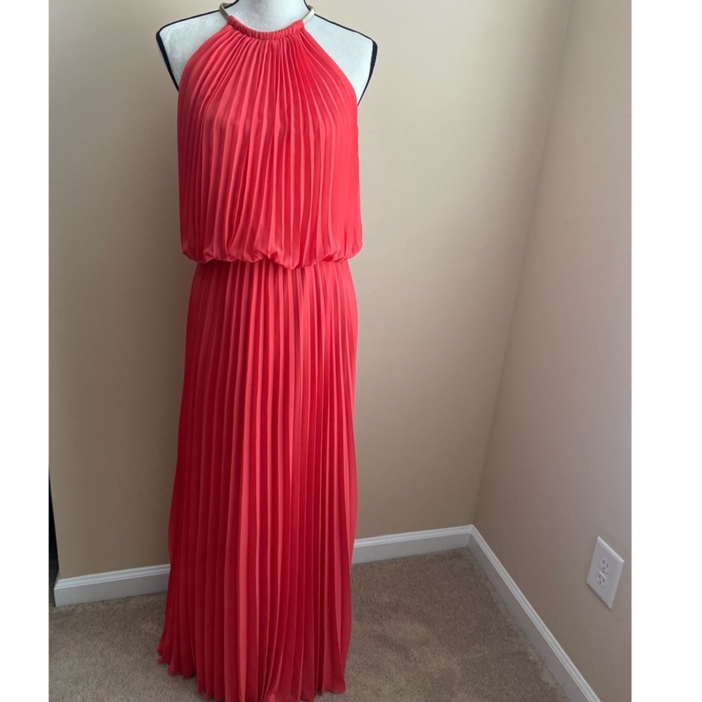 MSK Coral Halter Pleated Maxi Dress